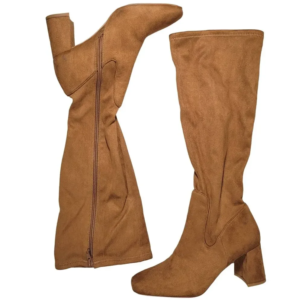 Nordstrom‎ Rack Tan Suede Square Toe Block Heel Knee High Boots Women Size 5